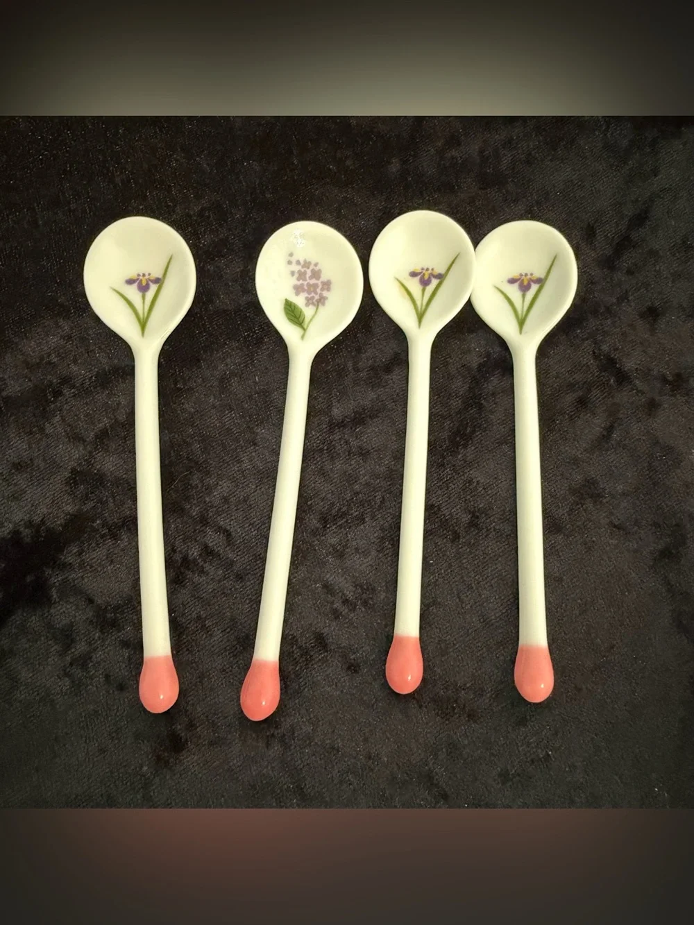 Set of 4 Floral Ceramic Teaspoons Pink Matchstick Handle Decorative Spoons